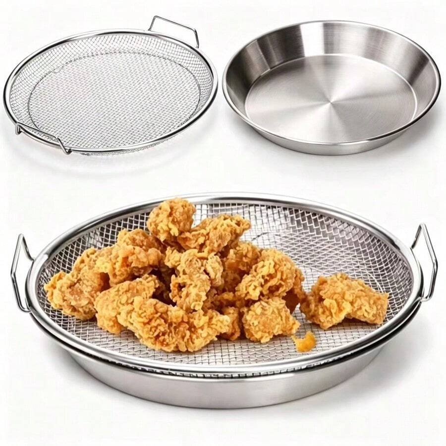 1 Set Saringan Penggorengan Dalam Stainless Steel, Rak Pengeringan Minyak Dapur dengan Pegangan Ganda, Baki Penyaring Minyak Stainless Steel Mengkilap - Keranjang Penyaring Bulat yang Dapat Digunakan Kembali, Menggoreng dan Memanggang Lebih Sehat, Cocok untuk Semua Musim - Perak - View 1
