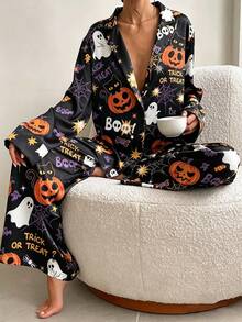 2pcs Women's Satin Pajama Set, Halloween Pumpkin & Ghost Fun Print, Lapel Long Sleeve Wide Leg Loungewear, Home & Party Dual-Use - Black - View 1