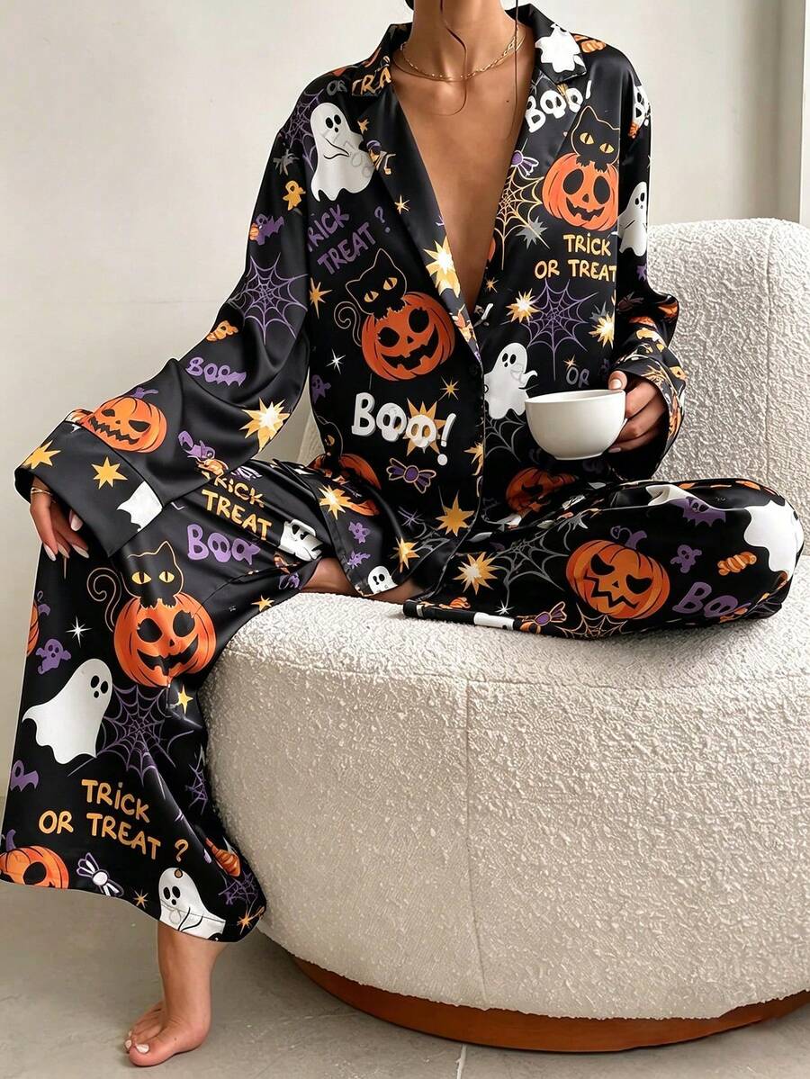2pcs Women's Satin Pajama Set, Halloween Pumpkin & Ghost Fun Print, Lapel Long Sleeve Wide Leg Loungewear, Home & Party Dual-Use - Black - View 1