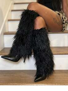 Stiletto High Heel Women Knee High Boots Furry Fluffy Fashion Luxury Sexy Elegant Nightclub Halloween Winter Snow Shoes For Woman - 黑色 - 查看 1