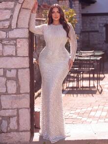 Elegant Plus Size Sequin Mermaid Gown For Women, Long Sleeve Round Neck Beaded Formal Evening Party Dress - Apricot - View 4