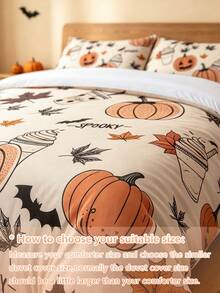 Juego de 3 piezas de funda nórdica de Halloween Blissful, tema de Halloween, juego de ropa de cama cómodo, impresión digital de alta definición, patrón de hoja de arce, postre y calabaza, 1 pieza de funda nórdica con cuatro esquinas y cremallera desmontable + 2 piezas de fundas de almohada con bolsillos, sin relleno, adecuado para dormitorio, residencia estudiantil (ropa de cama para dormitorios de niños y niñas) o viajes - Multicolor - Ver 6