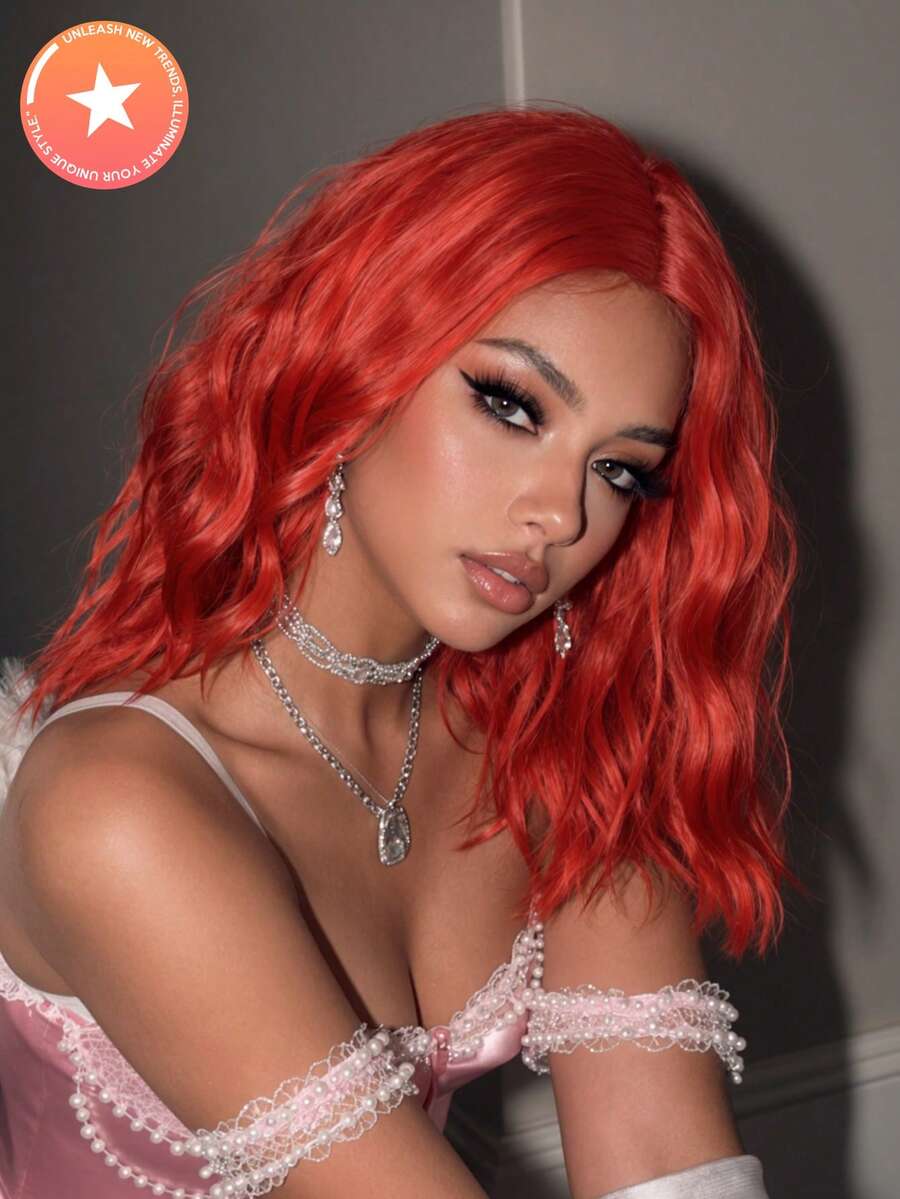 FIVE STARS 4*1 Handmade Wavy Bob Lace Front Full Wig, 14 Inch, Heat-Resistant Synthetic Fiber, Bright Red, Soft Fluffy Waves, Fashionable Style, Suitable For Daily Wear, Festivals, Halloween, Christmas And Portrait Photography - Multicolor - View 1