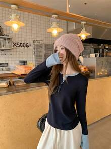 New Women's Spring/Autumn Colorblock 2 In 1 Square Shoulder Long Sleeve Fitted Base Layer T-Shirt Top - Royal Blue - View 5