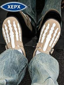 Khaki Men's Loafers Halloween New Color Striped Skull Closed-Toe Slippers Comfortable All-Season New Style Skate Shoes Men's Fashion Shoes Niche Design Slip-On British Style Shoes Business Casual Daily Walking Shoes, Vintage Round Toe Thick Sole Men's Formal Shoes Fashion Durable Casual Men's Shoes Plus Size Slouchy Shoes - Khaki - View 1
