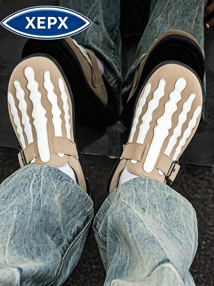 Khaki Men's Loafers Halloween New Color Striped Skull Closed-Toe Slippers Comfortable All-Season New Style Skate Shoes Men's Fashion Shoes Niche Design Slip-On British Style Shoes Business Casual Daily Walking Shoes, Vintage Round Toe Thick Sole Men's Formal Shoes Fashion Durable Casual Men's Shoes Plus Size Slouchy Shoes - Khaki - View 1