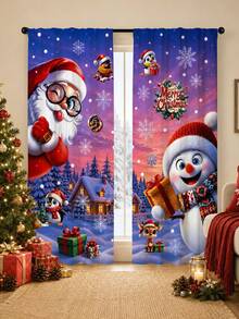 Collection de rideaux semi-transparents à thème de Noël multi-styles, Père Noël, bonhomme de neige, bonhomme en pain d'épices, vieil homme sans visage, sapin de Noël, imprimé de rennes, ensemble de 2 pièces, rideaux décoratifs suspendus pour salon, chambre à coucher, ambiance de fête, longueur sol, fenêtre baie - Multicolore - Voir 7