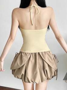 Fashionable Women's Knitted Spaghetti Strap Cropped Top, Slim Fit Bustier Style Camisole, Short Spaghetti Strap Tank Top, Suitable For Summer Outfits - Apricot - View 8