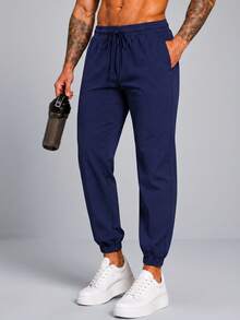Milimetrica Men's Tactel Jogger Pants With Elastane, Gym Training, Elastic Waistband, Drawstring, And Functional Pocket - Navy Blue - View 1