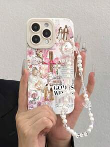 Stiker Cat Air Kristen Motif Salib Bunga Pola Bunga Desain Kolase Feminin Pelindung Kamera Casing Ponsel Tahan Guncangan Dengan Tali Gantungan Ponsel dan Tali Pergelangan Tangan Kompatibel Dengan iPhone 17 Air 16 15 14 13 12 11 Pro Max Plus - Krem - View 3