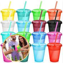 10/20pcs Colorful Glitter Sequin Cups With Straws And Lids, Reusable Water Cups, Iced Coffee To-Go Cups; Suitable For Birthday, Wedding, Bachelorette Party, Hawaiian Beach Pool Party And Family Gathering Adult Plastic Cups, 16oz (Vibrant Colors) - Color: Random - View 2