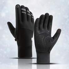 1 Pair Spring Autumn Winter Sports Outdoor Cycling Gloves, Unisex Reflective Warm Thick Fleece Touchscreen Ski Gloves, Water-Resistant Elastic - Black - View 4