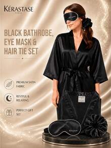 Kérastase Black Bathrobe, Eye Mask, And Hair Scrunchie 3-Piece Set, One Size F (170/88A), Smooth Satin, Lightweight And Breathable, Suitable For Home Relaxation, Business Trips, And Travel - Black - View 3