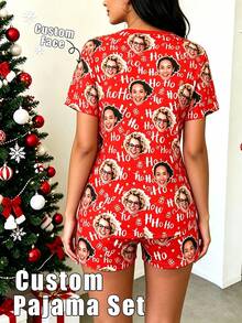 Custom Couple Face Print Women Short Christmas Pajama Set, Red Ho Ho Ho Gift Box Personalized Photo 2 Pieces Loungewear, Matching Family Xmas Gift - Multicolor - View 2