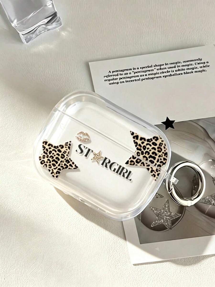 Funda protectora de auriculares con estampado de leopardo y diseño de pentagrama, diseño transparente con hebilla, funda suave anti-caída, compatible con Apple 1/2/3/4 - Multicolor - Ver 1