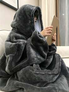 1pc Oversized Wearable Blanket Hoodie, Unisex Soft Flannel Hooded Blanket With Large Pockets, Comfortable Loungewear, Machine Washable Warm Blanket, Suitable For Home Relaxation, Camping, Christmas And Halloween - Multicolor - View 7
