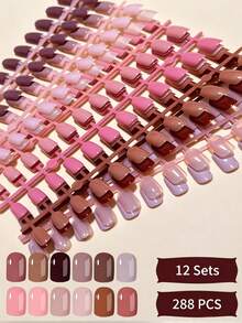288pcs (12 Colors) Rectangular Solid Color Press-On Nail Tips, Brown Nails, Light Brown Nails, Khaki Nails, Camel Nails, Perfect Fit Short Acrylic False Nails Set, Suitable For Women And Girls For Daily Work, Holiday Parties And Other Occasions - Multicolor - View 4