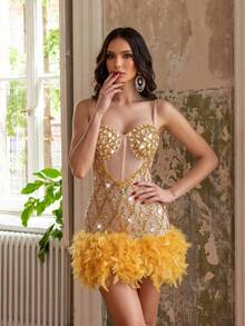 New Women's Luxurious Heavy Decoration Water Diamond Patch Fake Feather Design Sexy Chiffon Backless Mini Dress, Suitable For Wedding Banquet - Gold - View 2