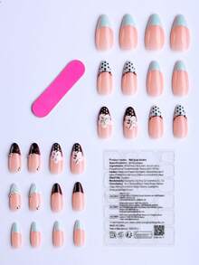 「Sweet-Meets-Edgy」杏仁形穿戴甲，裸色底色，白色與棕色 3D 凝膠花卉藝術，藍色與棕色波點，法式指尖設計，點綴微小金屬珠飾，暖色調風格，適合秋冬 - 彩色 - 查看 6