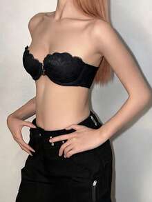 Gothic Lace Front Closure Strapless Bra, Sexy Non-Slip Seamless Women's Lingerie - Black - View 3