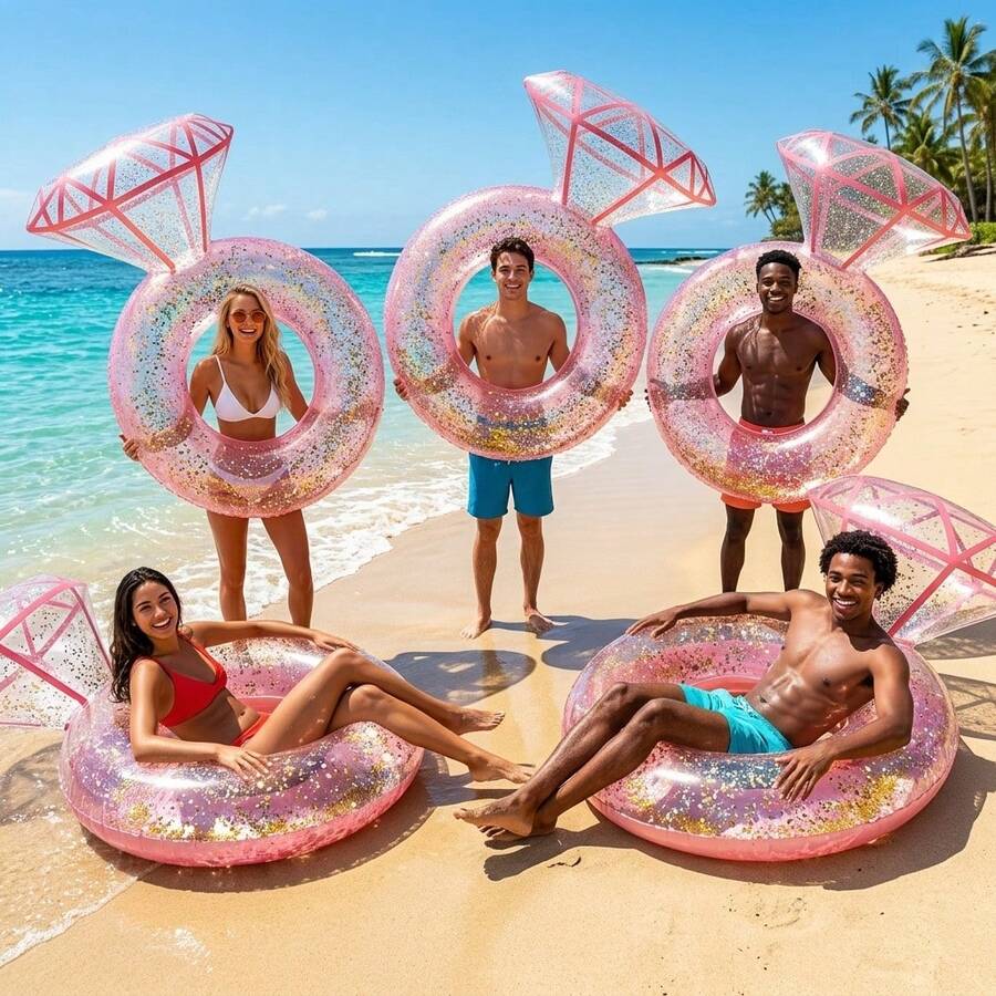 1 pieza Aro de natación con diamantes de purpurina rosa | Flotador de natación de PVC grueso de gran tamaño | Accesorio fotográfico para fiesta de piscina de verano - Rosa - Ver 1