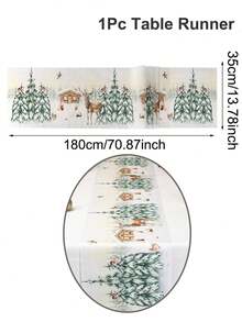 1pc Christmas Table Runner,Watercolor Snowy Forest Reindeer Print Tablecover,Rustic Winter Long Tablecloth For Dining Room Xmas Eve Party Decor - Multicolor - View 9