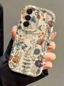 1pc Wavy Edge Vintage Wildflower & Butterfly Print Phone Case, Soft TPU Shockproof Protective Cover, Retro Floral Pattern Phone Case Compatible With Samsung, Series Phones - White - View 4