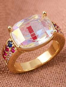 1 pieza Accesorio de vacaciones glamuroso, anillo apilable de tono dorado con piedra central rectangular iridiscente y circonita multicolor en los laterales - Multicolor - Ver 8
