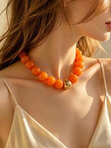1 Set Macaron Style Stainless Steel Women's Pendant Necklace With Bead/Fish Design, Suitable For Vacation And Travel Wear - Yellow Gold - View 5