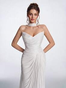 Anymoon Women's Solid Color Pleated Elegant Luxurious Evening Gown Wedding - White - View 7