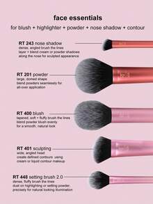 Real Techniques Face Essentials For Blush&Highligher&Powder&Nose Shadow&Contour, 5 Piece Set,RT400 Blush Tapered,RT448 Setting Brush 2.0 Dense,RT201 Power Large,RT243 Nose Shadow Dense,RT401 Sculpting Wide - Rose Red - View 2