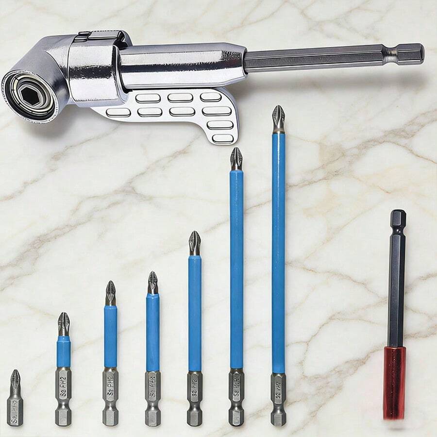 UNISURE 9pcs Bit Set With Right Angle Adapter, 7pcs PH2 Cross Non-Slip S2 Steel 50mm Bits + 1pc 100mm Magnetic Bit, Hex Socket Extension And 105° Right Angle Adapter