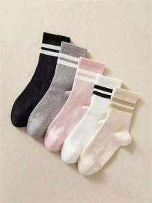 1/5/20/30/40 Pairs Random Multicolor Parallel Striped Spring/Summer Comfortable Breathable Campus University Casual Socks. These Lightweight Fashionable Personalized Unisex Socks Are Perfect For Campus Gatherings, Daily Home Wear And Casual Outfits. Soft Comfortable Mid-Calf Socks - Multicolor - View 11