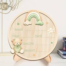 1pc Wooden Birth Announcement Sign With Base, Bear & Rainbow Round Newborn Baby Information Board, Baby Photo Prop, Nursery Decor, Baby Shower Gift - 1PC - View 1
