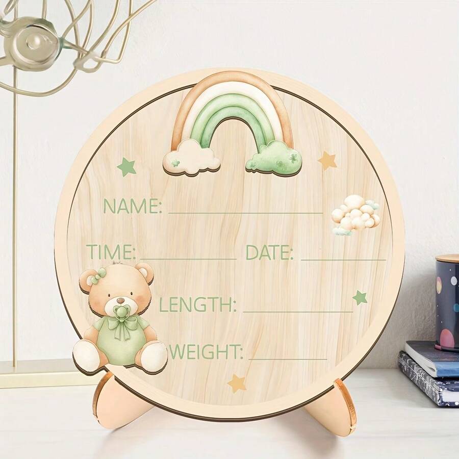 1pc Wooden Birth Announcement Sign With Base, Bear & Rainbow Round Newborn Baby Information Board, Baby Photo Prop, Nursery Decor, Baby Shower Gift - 1PC - View 1