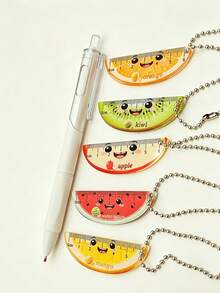 5pcs Mini Summer Fruit Watermelon Kiwi Orange Cute Cartoon Fruit Style Acrylic Ruler With Chain, Transparent Pocket Ruler, Palm-Sized Ruler, Backpack Pencil Case, Stationery Gift Small Pocket Measuring Tool - Multicolor - View 6