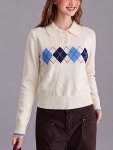 Women's Autumn/Winter Casual Minimalist Preppy Style Argyle Pattern Turn Collar Pullover Sweater Fall - Off-white - View 4