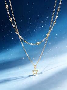 1/3pcs Silver Metal Handmade Chain Star Moon Pendant Multi-Layer Necklace - Silver - View 5