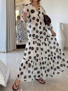 2pcs White & Black Polka Dot Print: V-Neck Sheer Puff Sleeve Top And Layered Ruffle Hem Maxi Skirt - Black and White - View 3
