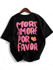 Christmas Plus Size MORE AMORE PLEASE - Casual Retro Crew Neck Short-Sleeve T-Shirt With Graphic Print, Washed Effect, Perfect For Everyday Wear.. - 黑色 - 查看 1