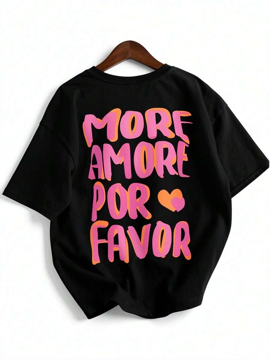Christmas Plus Size MORE AMORE PLEASE - Casual Retro Crew Neck Short-Sleeve T-Shirt With Graphic Print, Washed Effect, Perfect For Everyday Wear.. - 黑色 - 查看 1