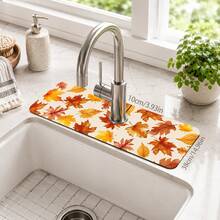 1pc Maple Leaf Print Faucet Mat, Autumn Diatomaceous Earth Long Strip Absorbent Sink Mat, Non-Slip Anti-Splash Quick Drying Design With Rubber Base To Prevent Water Stains, Suitable For Kitchen Sink, Bathroom Countertop, Home Decor - Multicolor - View 12