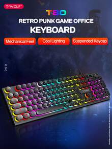 Keyboard Gaming T-WOLF T80, Keyboard Gaming Komputer Berkabel dengan Lampu LED, Gaya Punk Retro, Tombol Bulat, Warna Pink - View 2