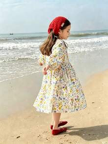 Girls' Fresh Colorful Ditsy Floral Long Sleeve Dress, Lively And Cute, Elegant And Simple, Suitable For Vacation, Beach And Outdoor Wear - Multicolor - View 2