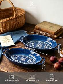 Ceramic Baking Dish With Handles, Oval Vintage Bohemian Style Porcelain ...