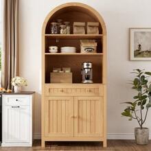 Tall Pantry Cabinet With Arched Doors, Sideboard, High Cabinet, Double Doors With Spice Racks On Both Interior Sides, Chipboard+MDF For Kitchen And Living Room - 自然色 - 查看 2