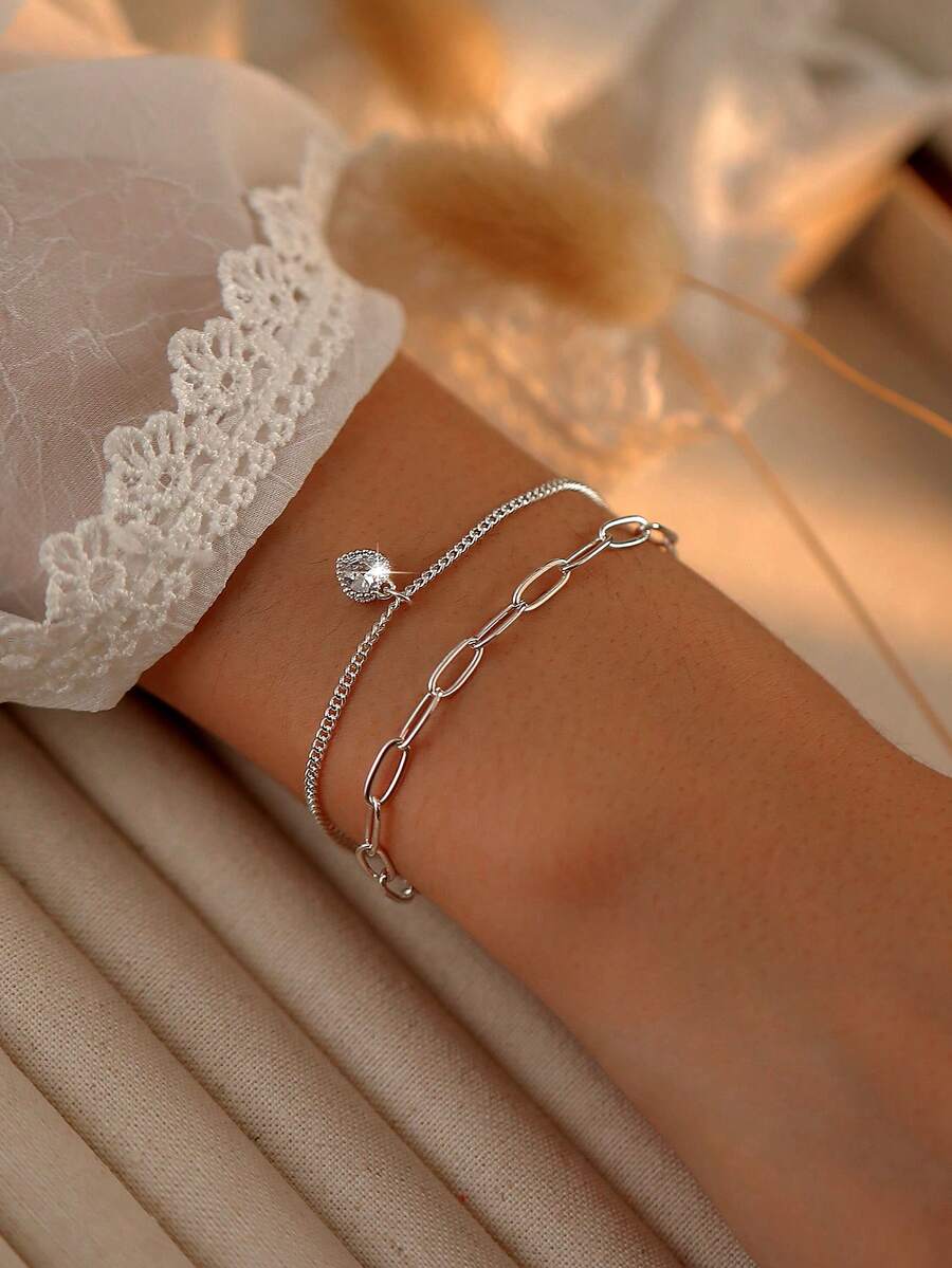 Tkool 2pcs Exquisite Heart-Shaped Rhinestone-Studded Colorful Plaid Chain Bracelet Set For Women - Silver - View 1