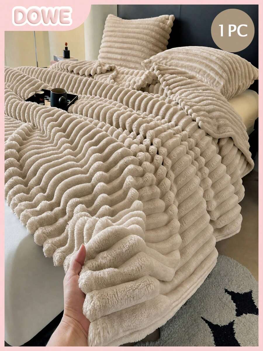 1件裝奢華薄款雙面仿兔毛毯，舒適條紋法蘭絨，柔軟保暖，適合午睡、辦公室、露營、沙發，多功能聚酯纖維床蓋，聖誕禮物