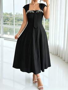 Women's Plus Size Spring/Summer 1pc Faux Linen Textured Shell & Conch Decor Tassel Waist-Cinching A-Line Casual Beach Holiday Dress - Black - View 1