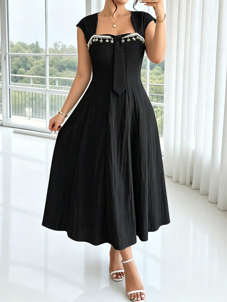 Women's Plus Size Spring/Summer 1pc Faux Linen Textured Shell & Conch Decor Tassel Waist-Cinching A-Line Casual Beach Holiday Dress - Black - View 1